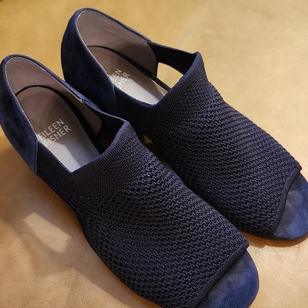 Eileen Fisher Knit Open Toe Suede Mesh Knit Womens Size 7.5 Block Heel Comfort